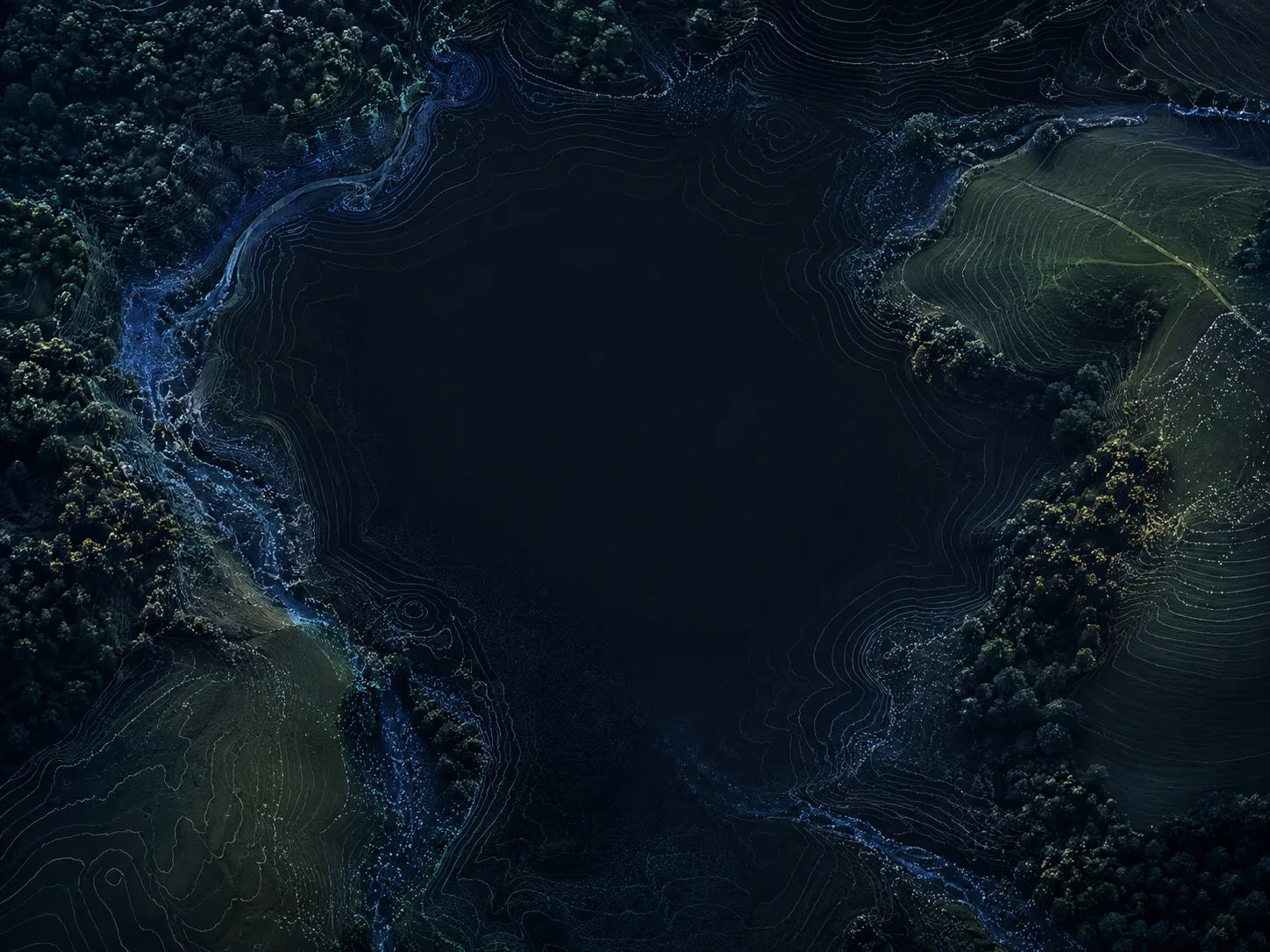 Dark blue topographic terrain visualization with a quiet open center
