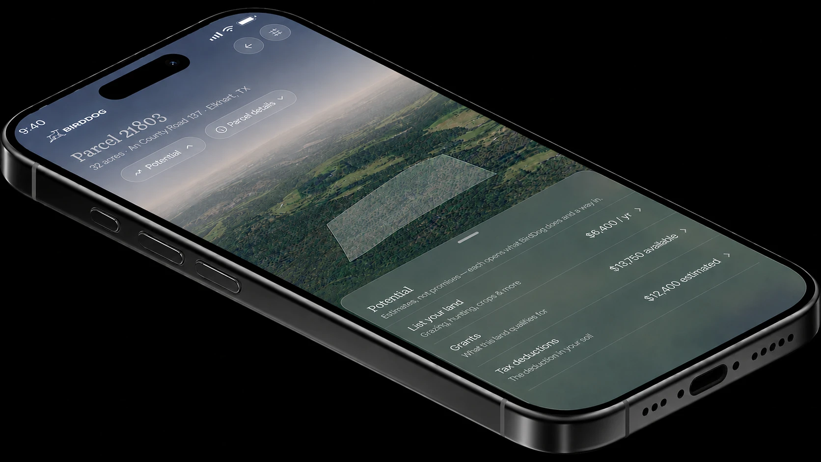 The Birddog app on a phone — Parcel 21803 detail with an aerial map and a sheet of potential earnings, grants, and tax deductions